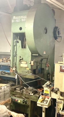 150 Ton, Rousselle #G-150-50-30, OBS gap frame press, 6" stroke, 22" Shut Height, 8" adj., 35 SPM, 50"