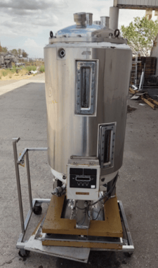 105 gallon 400 liter Stainless steel tank, jacketed, on load cell stand30"dia. x 42" straight isde, dish top