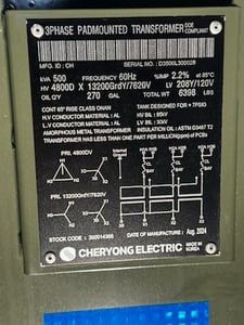 500 KVA 4800 Delta Primary, 208Y/120 Secondary, 3 phase, Padmount Transformer