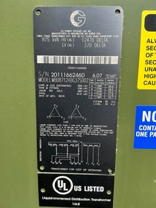 875 KVA 12470 Delta Primary, 370 Delta Secondary, 3 phase, Padmount Transformer