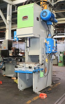 50 Ton, Waldermar #CF-50-T, hydraulic C-frame press, 12" stroke, 18" daylight, 11" throat, 15" x26"bed