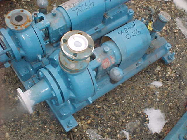 Goulds #3198, Centrifugal Pump, Teflon-Lined, 1.5 x 3" Size, 6.75" diameter Impeller, On Base, No Motor, 1983