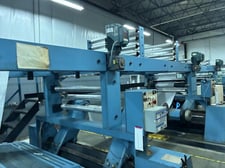 38" Evtec, dual rotary cut size sheeter, 5 shaftless floor pick up Webtech unwinds, continuous discharge