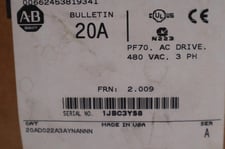 Allen-Bradley Bradley 20AD022A3AYNANNN 15 HP PowerFlex 70 AC VS Drive 480V STOCK 4629