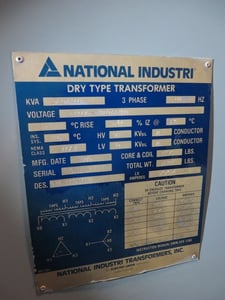 3750/5000 kVA, 13800 Delta Primary, 4160/2400 WYE Secondary, National Industri Dry Type