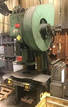45 Ton, Minster #5F, single crank OBI flywheel press, 3" stroke, 13.25" Shut Height, 2.75"adj., 9.5"throat