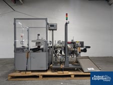 NJM #400R, Labeler and Case Packer, Stainless Steel, belt conveyor, on stand, w/ case sealer, 115 V.