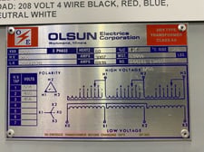 2500 KVA 460 Primary, 208Y/120 Secondary, Olsun Transformer, 3 Phase