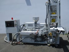 5 oz., Newbury #V5-75BRS, vertical injection molder, 10" stroke, 24" daylight, 15" x12.25" tie bar spacing