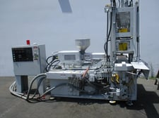 5 oz., Newbury #V5-75BRS, vertical injection molder, 10" stroke, 24" daylight, 15" x12.25" tie bar spacing