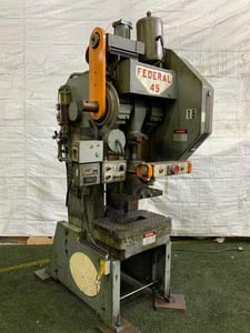 45 Ton, Federal #45, OBI flywheel press, 3" stroke, 12-1/2" Shut Height, air clutch & brake, 5 HP, 1979