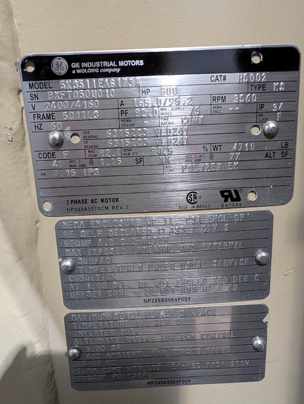 600 HP 3600 RPM General Electric, Frame 5010/11LS, weather protected enclosure type 2, VFD Duty, Ball
