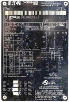 2500 KVA 12470 Primary, 460x2 Delta Secondary, Eaton Cooper Power Series substation transformer, Ser# 215 900