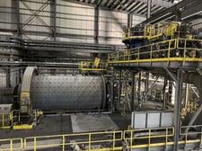 11'6" x 22' Metso, horizontal ball mill with 1100 KW Weg motor, 3" max ball size, rubber liner assembly