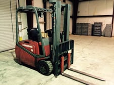 3000 lb. Raymond #RTW30, Electric Powered Forklift Truck, Side Shift, (3) Solid Tires, 3-Stage Mast, 240"