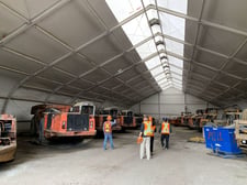 165' x 85' Sprung, dome shaped canvas tent, roll up door, steel frame