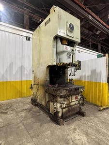 220 Ton, Aida #NC1-200(2), gap frame press, 9.84" stroke, 19.68" Shut Height, 4.33" adj., 57.7" x33" bed