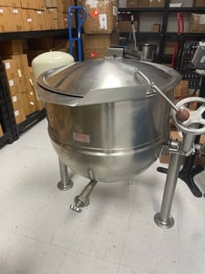 100 gallon Kettle w/ Leeson motorized Mixer, SteamJacketed Tilting, 316/304-4 Stainless Steel int/ext, 3 leg