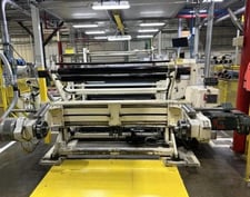 Deacro #653D/162C, simplex rewinder, 110" wide, 2135 FPM, Fife web guide, spreader roll, 1999