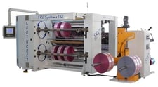 SRC Systems #600-Turret, 63" wide duplex turret slitter rewinder, 24" OD rewind, shaftless unwind floor pickup