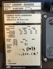 200 KW Cummins #C200D6R, 3268 hours, 2012