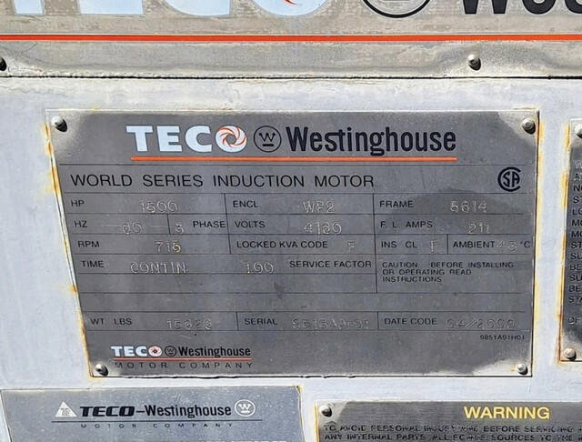 1500 HP 715 RPM Teco, Frame 5614, weather protected enclosure type 2, SB, 4160 Volts