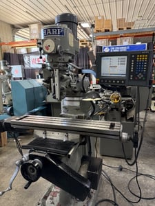 Sharp #LMV, vertical mill, 9" x42" tbl., 2 HP, 25" X, 11" Y, 5" Z, 60-4200 RPM, R-8, Acu-Rite 2-Axis MillPWR