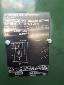 2000 KVA 27600Y/16000 Primary, 600Y/347 Secondary, 3 phase, Padmount Transformer