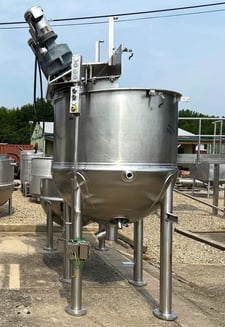 300 gallon Groen, double motion inclined agitation jacketed kettle w/ scrape agitation, 90 psi @ 332°F