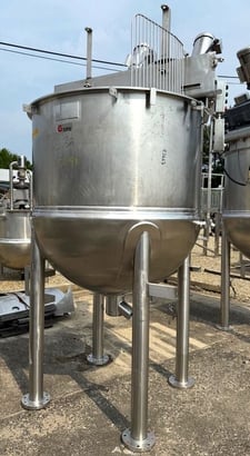 300 gallon Groen, double motion inclined agitation jacketed kettle w/ scrape agitation, 90 psi @ 332&deg;F