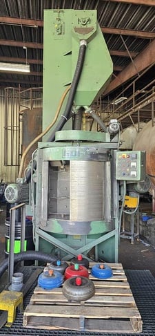 Goff #2036S, Spinner Hanger w/Dust Collector & Shot Trap, (2) Blast Wheels, (3) Chambers, 300 lbs. capacity