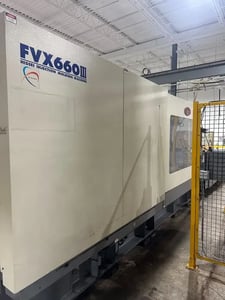 720 Ton, 132 oz., Nissei #FVX660III-310L, hybrid injection molder, 43.3" x 43.3" tie bar spacing, 75.2"