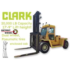 20000 lb. Clark #CHY205S, Diesel Forklift, Dual-Wheel, Pneumatic Tire, Air Brakes, 213" Lift height