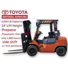 6000 lb. Toyota #7FGU30, Forklift, Pneumatic Tire, Propane, 24" Load Center, 100 FPM, 57 HP @ 2600 RPM