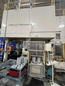 600 Ton, Minster #E2-600-144, straight side double crank press with Servo coil line, 12" stroke, 38" Shut