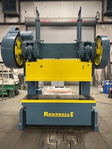 100 Ton, Rousselle #10B80, double crank gap frame press, 6" stroke, 22.5" Shut Height, 4" adj., 12" throat
