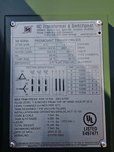3750 KVA 13200 Delta Primary, 480Y/277 Secondary, IEN Hanchang, 7-Tap, T-Blade Switch, BON Fuses, UL Listed