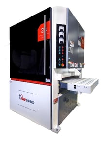 25" Timesavers #2321-45-01, Widebelt, 2-Head, 5" thick, 15-45 FPM, 33-38" passline, 3240 CFM, unused