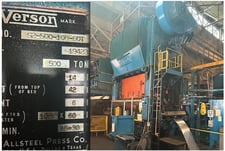 500 Ton, Verson #S2-500-108-60, straight side double crank press, 14" stroke, 42" Shut Height, air clutch &