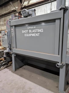 72" Gibson #72S-TB, fixed table machine, (2) 10 HP direct drive blast wheel, lined cabinet, dust collector