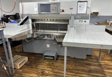 Polar #115XT, guillotine paper cutter, foot pedal, side tables, 2005