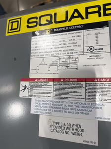 112.5 KVA 480 Primary, 208Y/120 Secondary, Square D