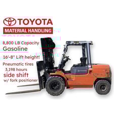 8800 lb. Toyota #7FGU45, forklift, 200" lift height, 3198 hours, pneumatic tire, side shift w/ fork positioner