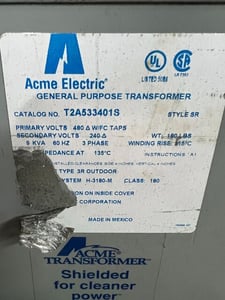 9 KVA 480 Delta Primary, 240 Secondary, Acme Electrical #T2A533401S, Transformer