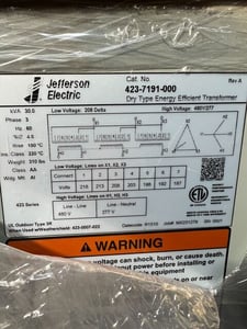 30 KVA 208 Delta Primary, 480Y/277 Secondary, Jefferson Electric #423-9191-000, Transformer