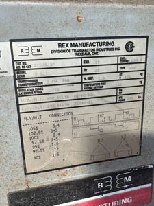 15 KVA 240 Delta Primary, 600 Secondary, Rex Manufacturing #B15JS/SP, Transformer