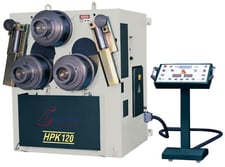 BMT #HPK-120, 3 roll Angle Rolls, 4.7" shaft, 13.8" diameter roll, 6.6-24.6 FPM, DROs, lateral guide rolls