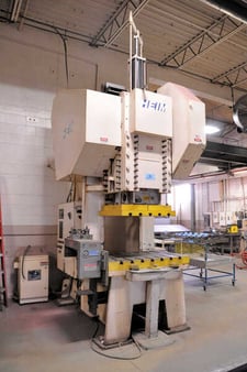 150 Ton, Heim #G1-150-18, back geared gap frame press, 6" stroke, 26" Shut Height, air clutch & brake, 2000