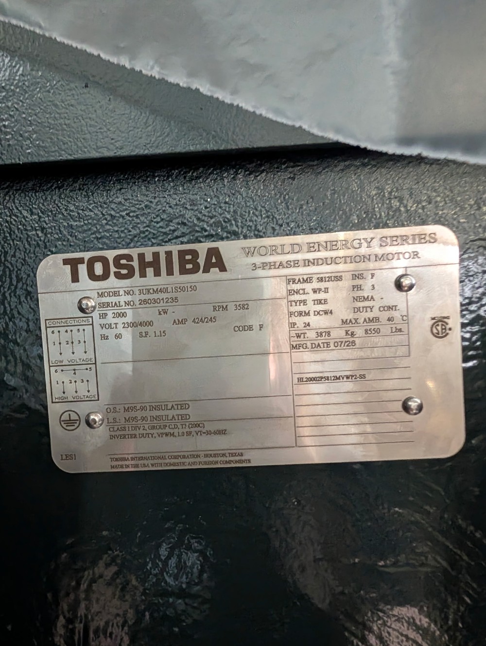 2000 HP 3600 RPM Toshiba, Frame 5810/11/12USS, weather protected enclosure type 2, Renk Sleeve, 1.15 service