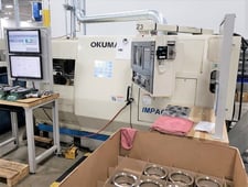 Okuma #LU-15/2SC, 4-Axis CNC Lathe, 22" swing, 14.1" turning diameter, 29.2" machining length, 8" chuck, 2.2"